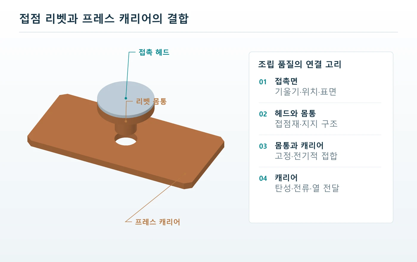 한 개의 접촉 헤드와 몸통을 가진 리벳 접점이 구멍 있는 프레스 캐리어 위에 분리된 3D 구조도